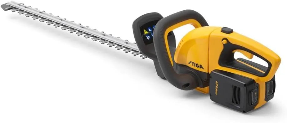 Stiga modèle 300e, Lame 54 cm, tension 40V, Poignée Rotative 180°, 2 Batt. 20V E-Power + Syst. Recharge Embarqué, HT Kit Taille-Haie sans Fil
