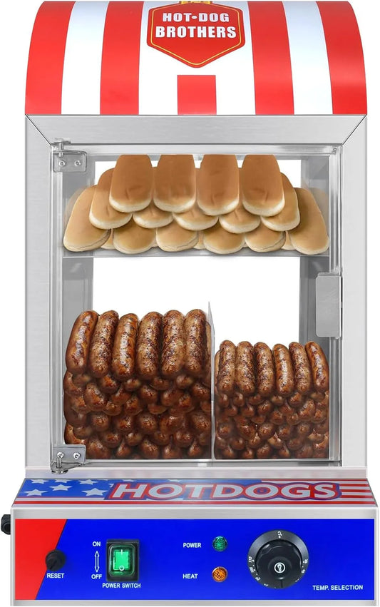 Cuiseur vapeur, Capacité 50 Saucisses et 20 Pains, Hot Dog avec Chauffe-Pain, Machine Commerciale en Acier Inoxydable