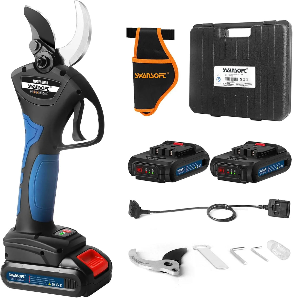 Secateur Electrique Sans Fil SWANSOFT 8605 2Ahx2, 40mm Progressif Secateur Electrique Professionnel