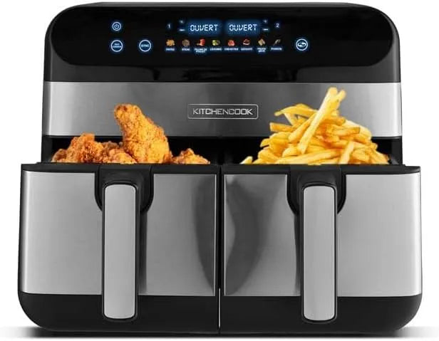 Kitchencook, 8 Programmes, capacité 9 Litres, puissance 2400w, Friteuse Sans Huile Avec Deux Cuves, Minuterie, Thermostat Réglable, Inox