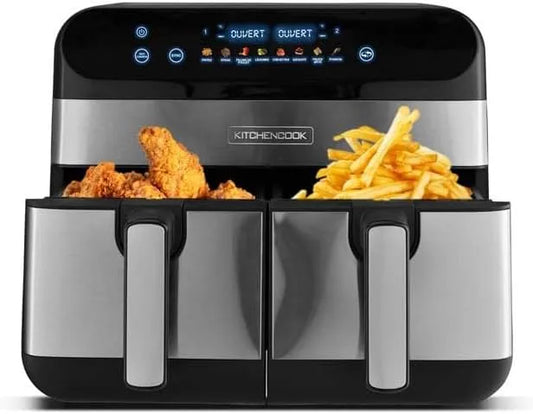 Kitchencook, 8 Programmes, capacité 9 Litres, puissance 2400w, Friteuse Sans Huile Avec Deux Cuves, Minuterie, Thermostat Réglable, Inox
