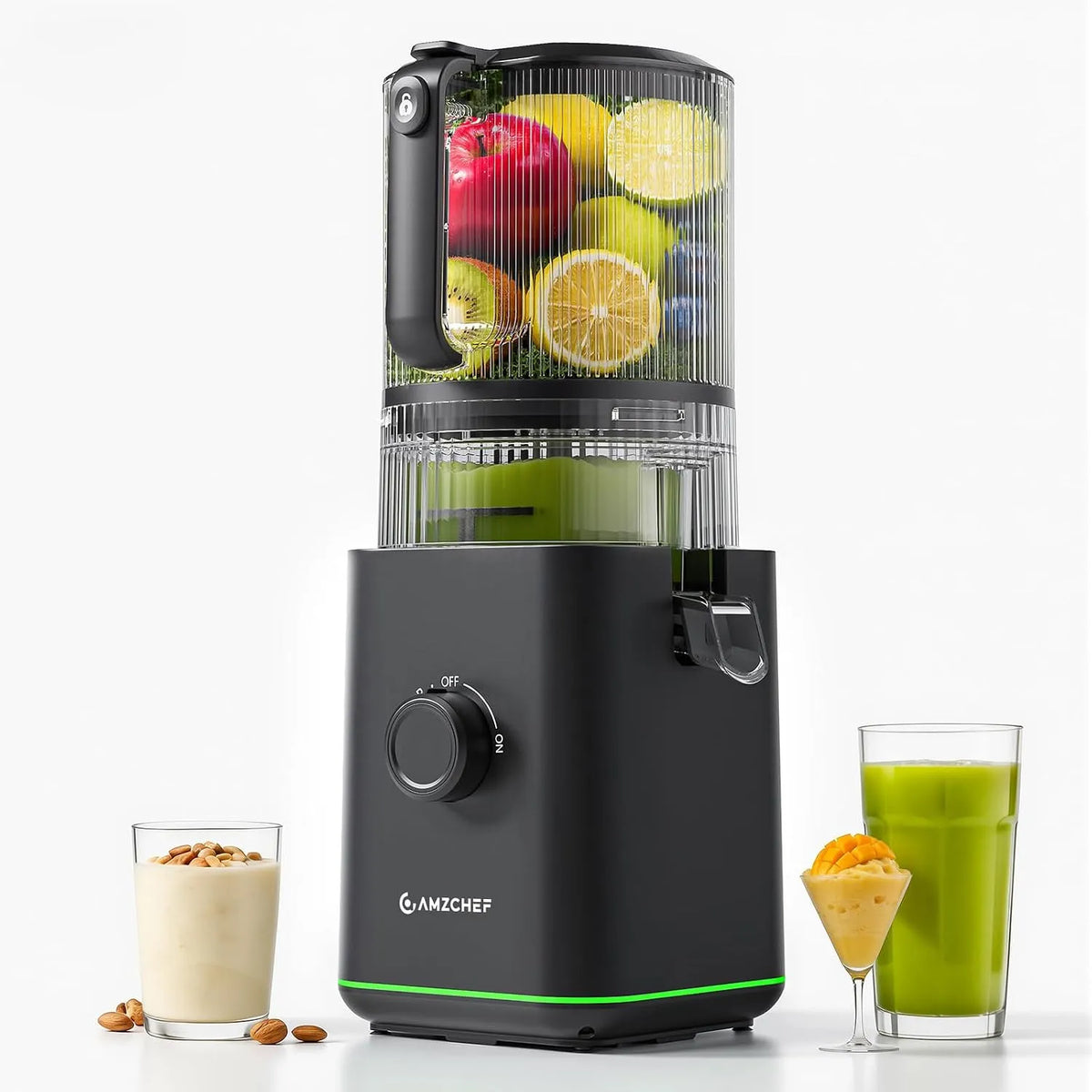 Extracteur de jus AMZCHEF, Lent 155 mm Grande Ouverture, capacité 2,5 L Slow Juicer Électrique Fruits et Légumes Sans BPA, Pression à Froid 2 Filtres