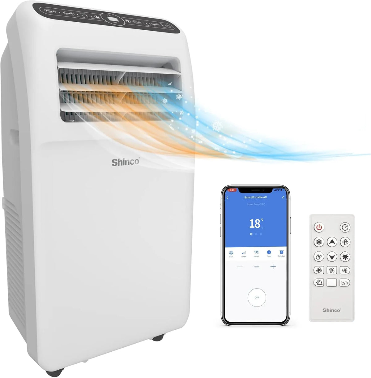 Climatiseur SPF3-12H-W SHINCO, Mobile Wifi 12000 BTU, Eco R290, 3,5 kW, 4 en 1 Refroidissement, Chauffage, ventilateur, Déshumidificateur