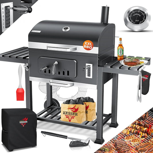 Kesser barbecue, au charbon de bois XXL, 8 brochettes avec sac, couvercle, roues, poignée en acier inoxydable, thermomètre, grille, brosse