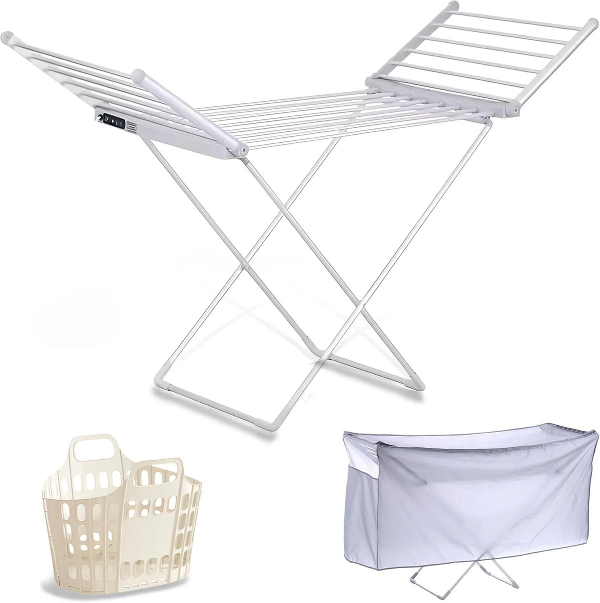 Linge Chauffant Étendoir à, Sechoir a Linge Electrique Basse Consommation, Housse Thermique & Panier Inclus, 18 Barres Aluminium