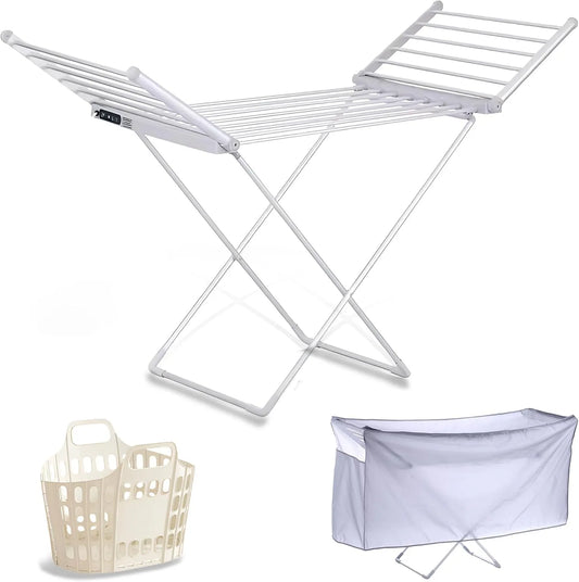 Linge Chauffant Étendoir à, Sechoir a Linge Electrique Basse Consommation, Housse Thermique & Panier Inclus, 18 Barres Aluminium
