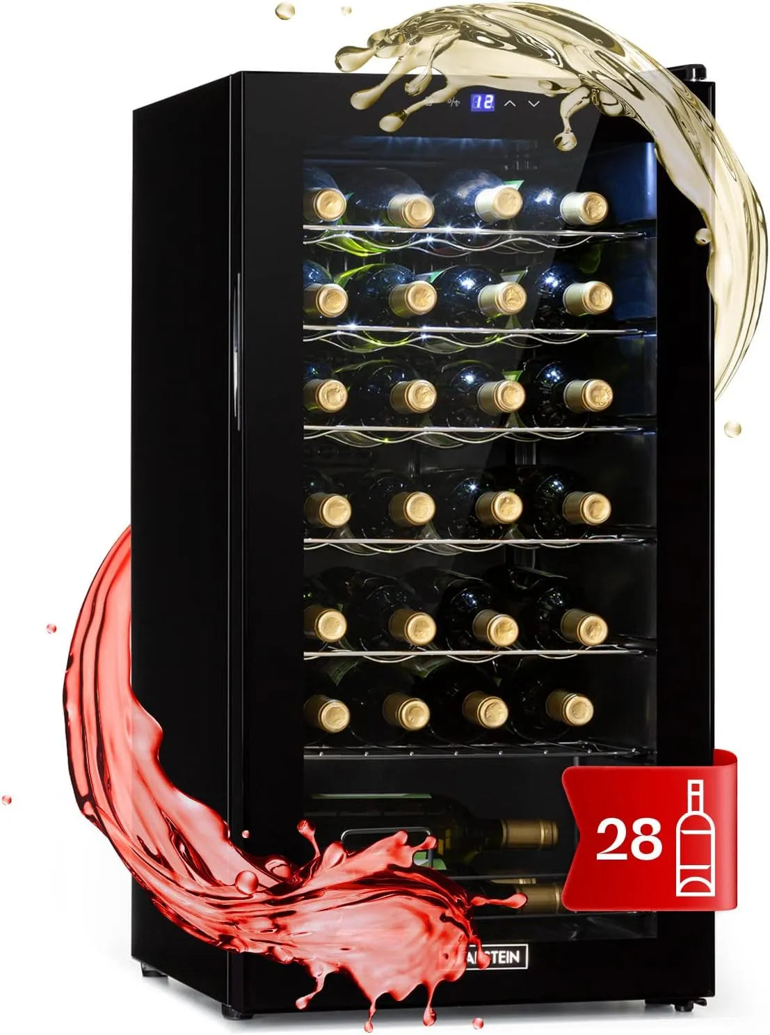 Klarstein cave à vin, Frigo vin, Caves à Vin de 74L avec une façade vitrée, Petite 28 Bouteilles, Bar Intérieur, Cave a Vins à Zone Unique, Extérieur