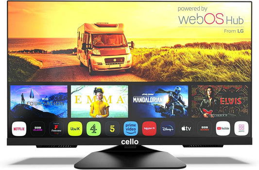 LG Apple téléviseur, Cello de Camping Intelligent 24 Pouces 12 Volts, avec WebOS, Triple Tuner, Bluetooth, Disney+, Netflix, TV+, Prime Video