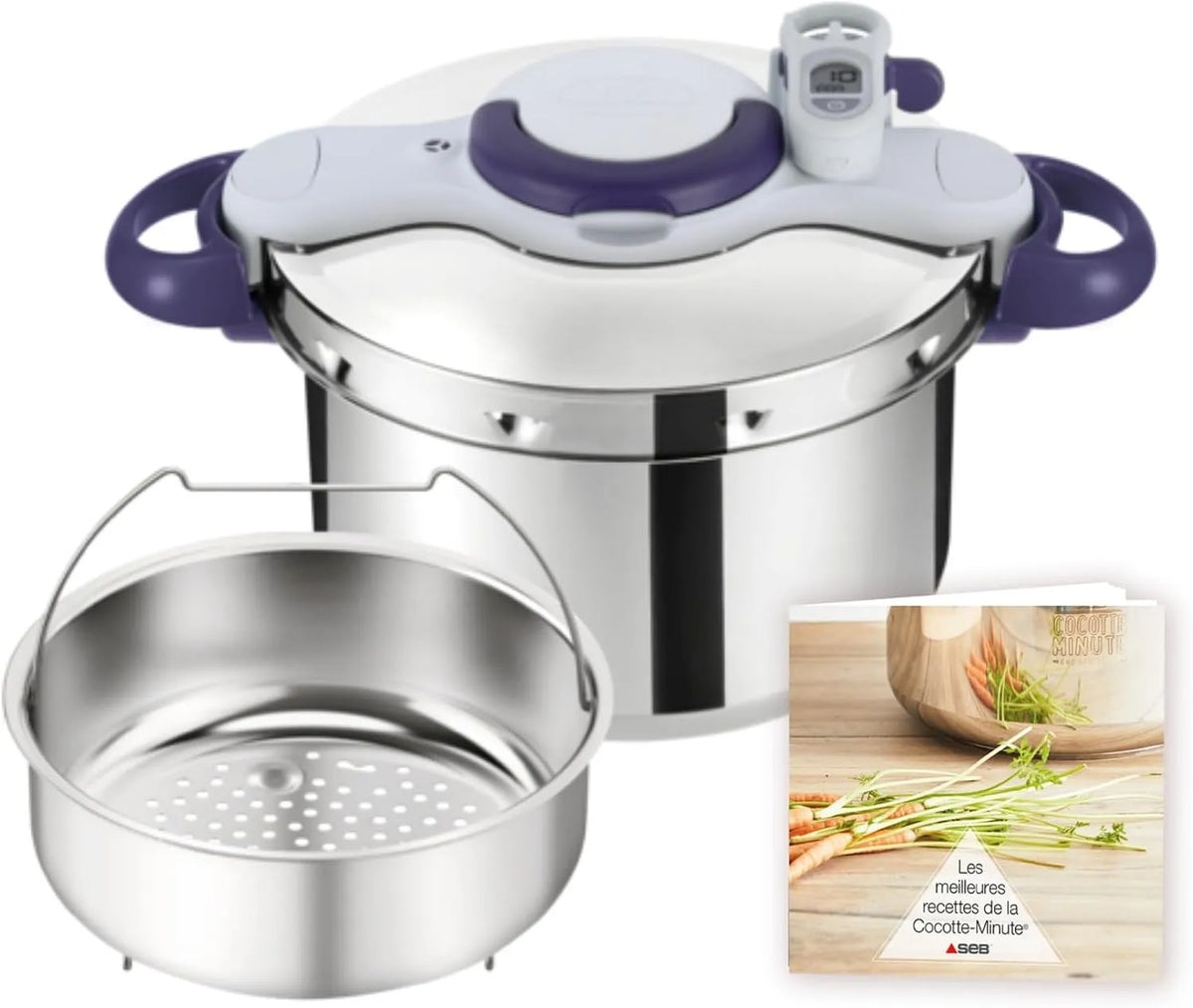Cocotte P4624800 Seb Clipsominut' Perfect, minute 7,5 L, Livre 100 recettes inclus, Autocuiseur induction, Facile à utiliser, Minuteur, Violet