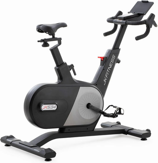 Vélo JK 534, Volant 20 Kg, 24 niveaux de résistance, JK FITNESS Spin Bike Electro-Magnétique, d'intérieur professionnel, Frein motorisé, Design