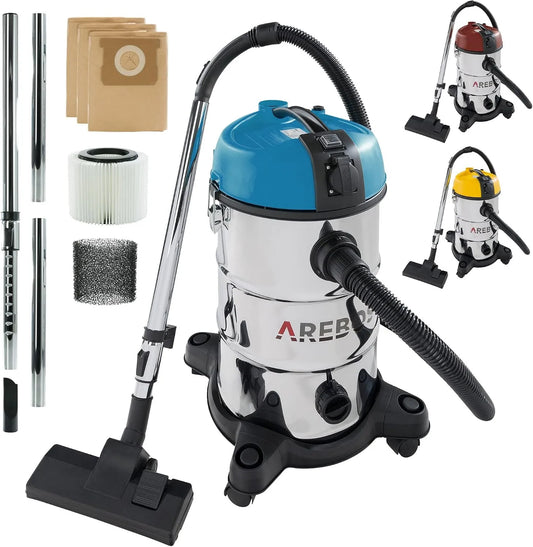 Aspirateur 5en1 AREBOS, puissance 1300W, capacité 30L, Industriel, Fonction de soufflage, Eau et Poussière, Sec et Humide, Acier Inoxydable, Bleu