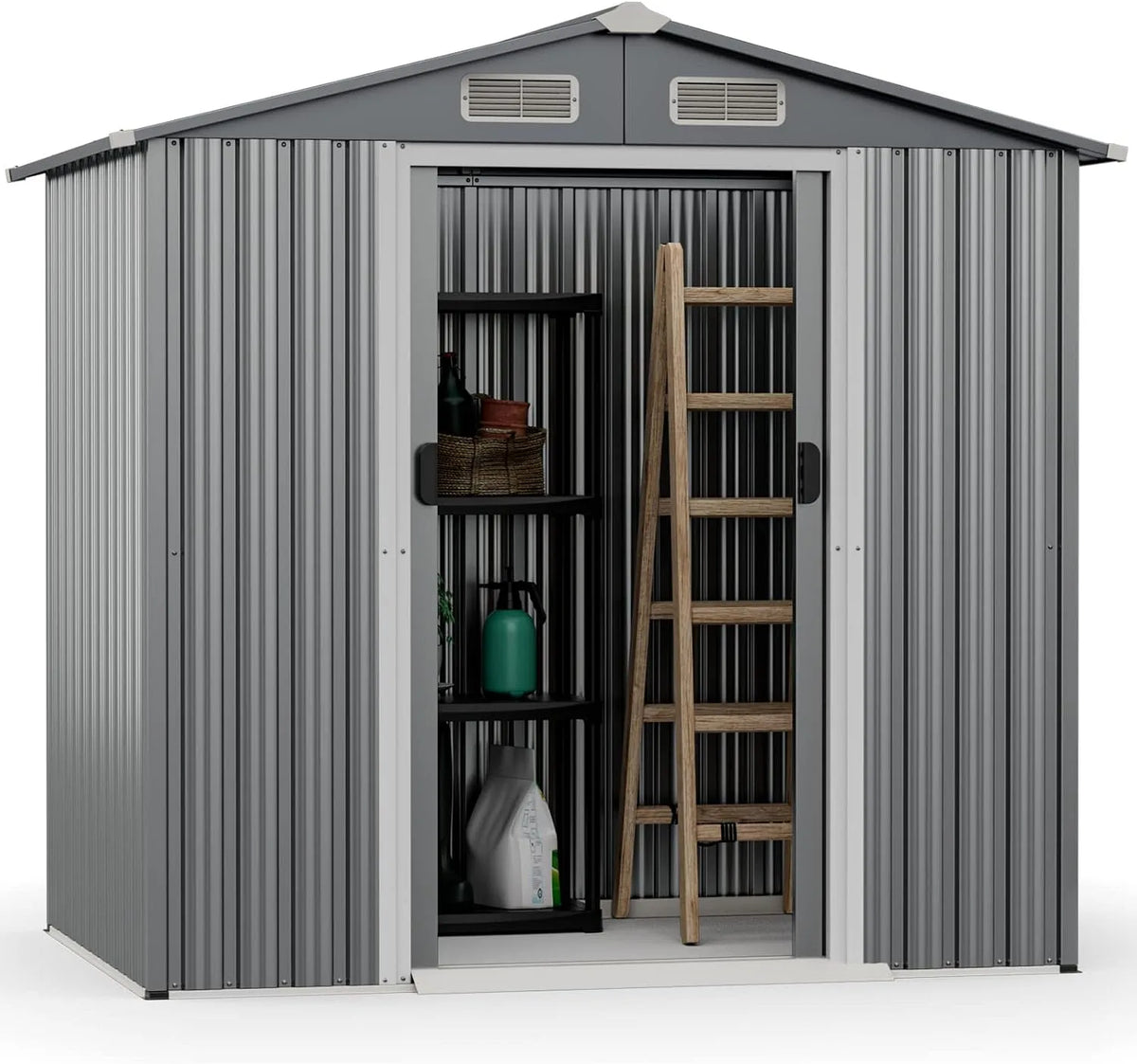 Abri de jardin Costway, Métal Galvanisé 3,7 m³, Double Porte, Rampe, Poubelle, Abri Rangement Exterieur pour Vélo, 4 Aérations, Gants, Outil