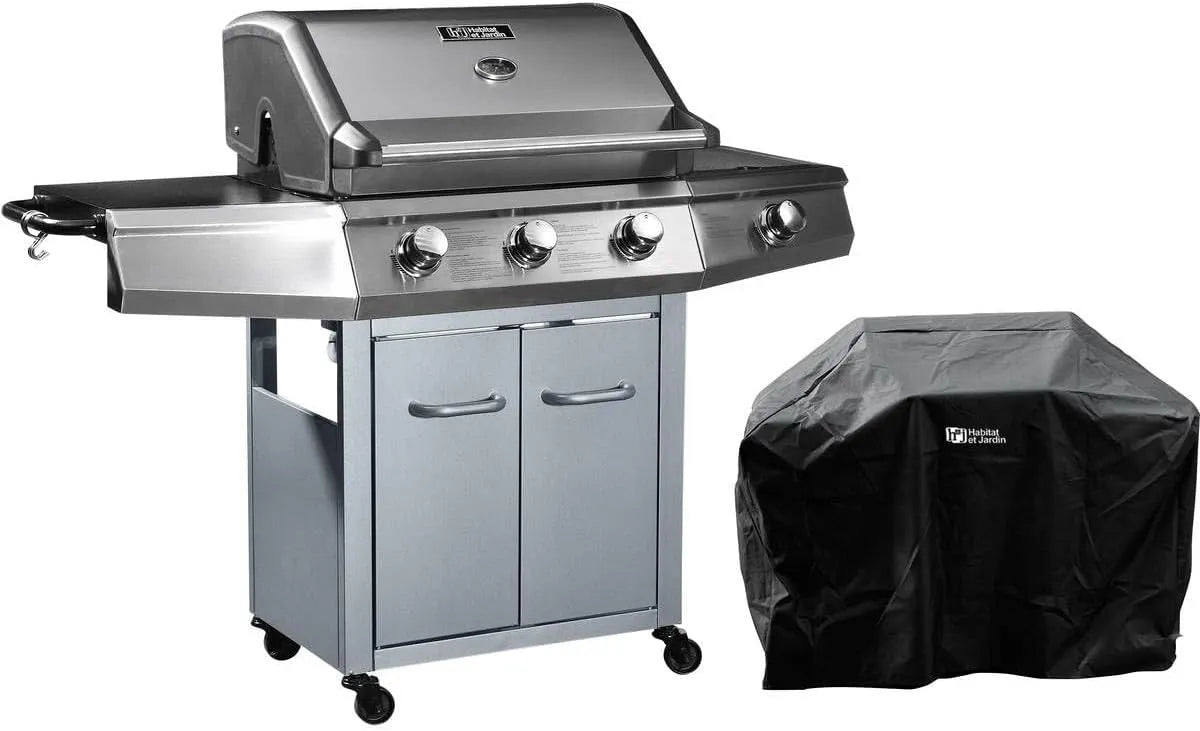 Barbecue à gaz, Bingo 4', 4 brûleurs Dont 1 latéral, puissance 14kW + Housse Protection, finition argentéeé