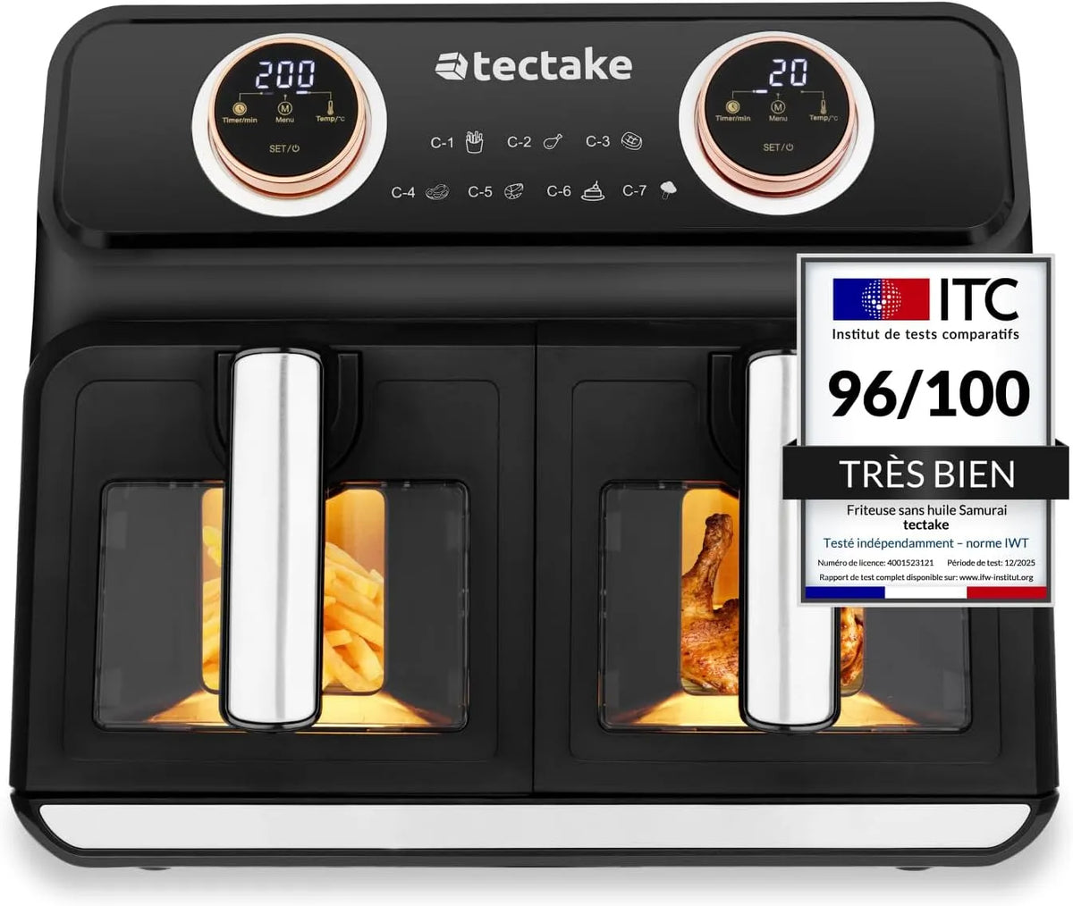 Friteuse à air chaud 4en1, tectake Friteuse, Livre de recettes inclus, sans huile XXL Double 8L Air fryer chaud Professionnelle 7 Programmes Écran