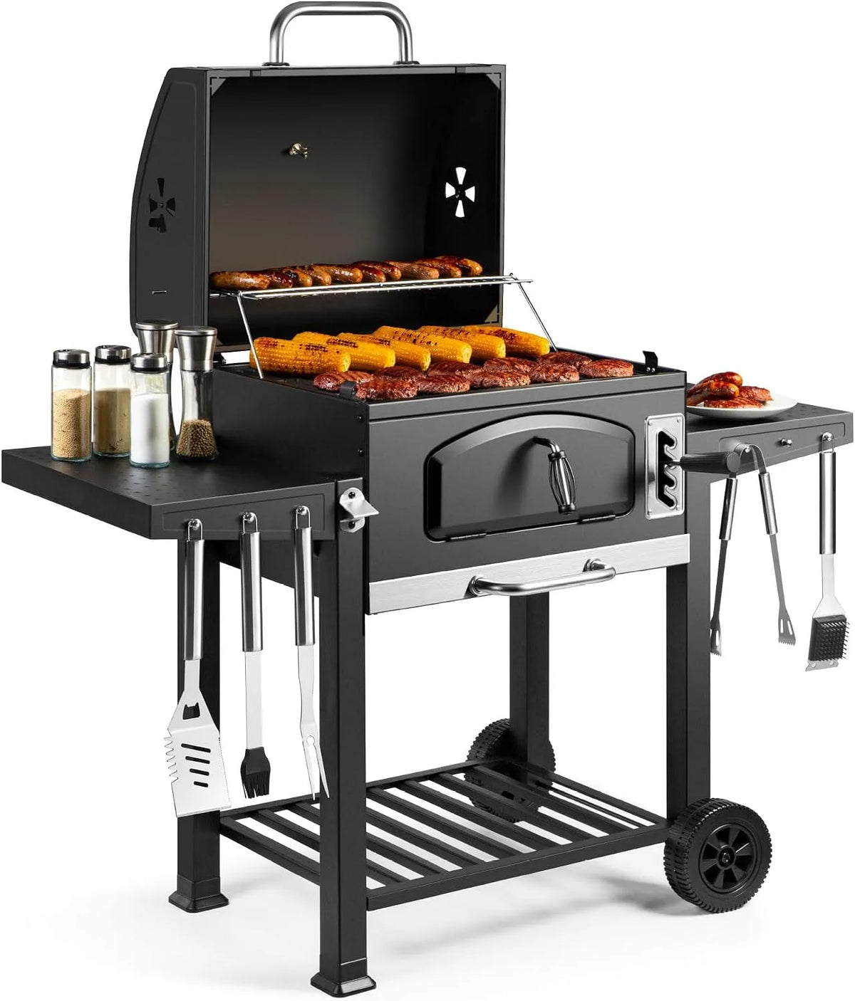 Barbecue VonHaus, au Charbon, XL avec Grille de Maintien au Chaud, Thermomètre, Aérations, Grill et Fumoir 2-en-1 pour Viande, Poisson et Légumes