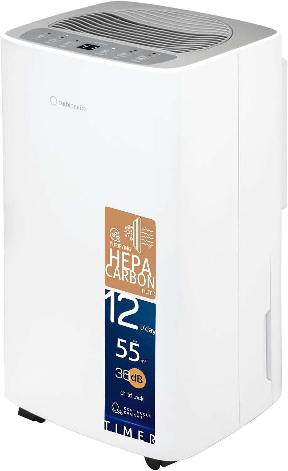 Déshumidificateur SENSO 12 SG Turbionaire Clean, Turbionaire Clean et Purificateur d'Air 2-en-1, 12L, 36dB, Filtre HEPA + Charbon Actif, Jour