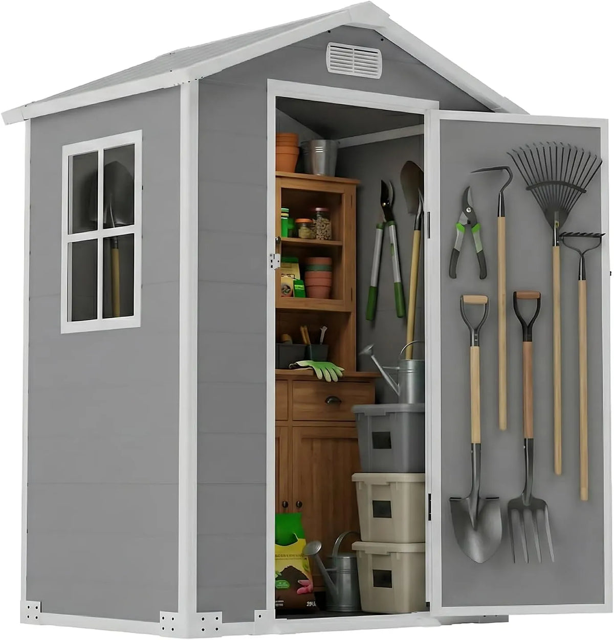 Larbanke Abri, avec fenêtre et aération, de rangement extérieur en résine avec toit incliné et trous de pluie, convient pour jardin
