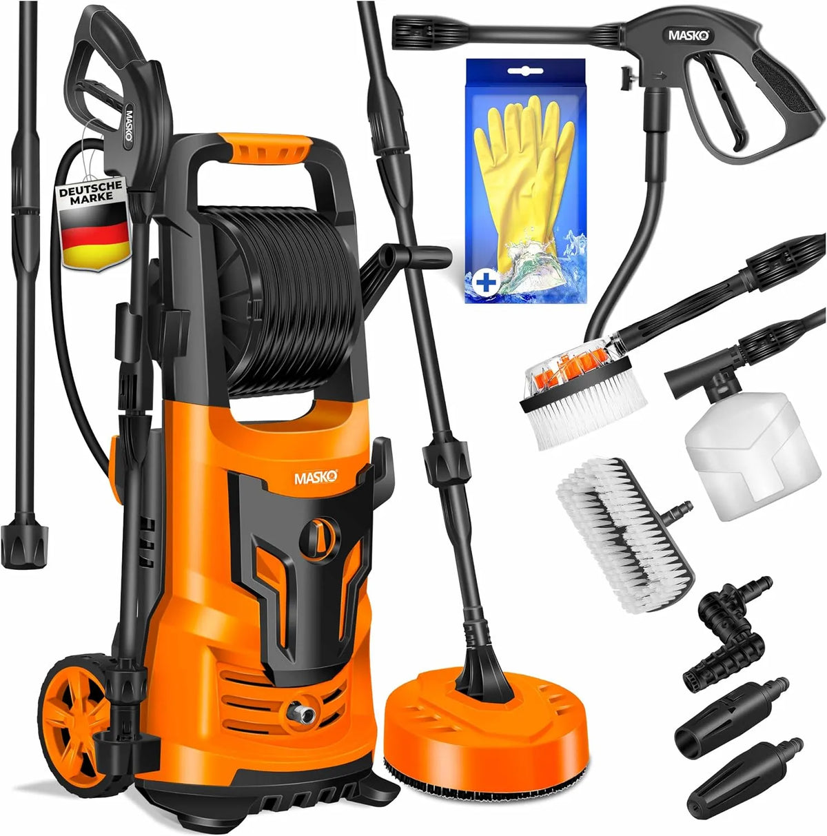 Nettoyeur haute pression 9.TLG MASKO, avec Bouteille de Savon buse à Mousse, 2200 Watts 165 Bar 450 l/h, Orange