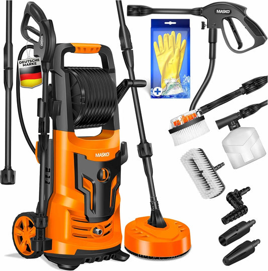 Nettoyeur haute pression 9.TLG MASKO, avec Bouteille de Savon buse à Mousse, 2200 Watts 165 Bar 450 l/h, Orange