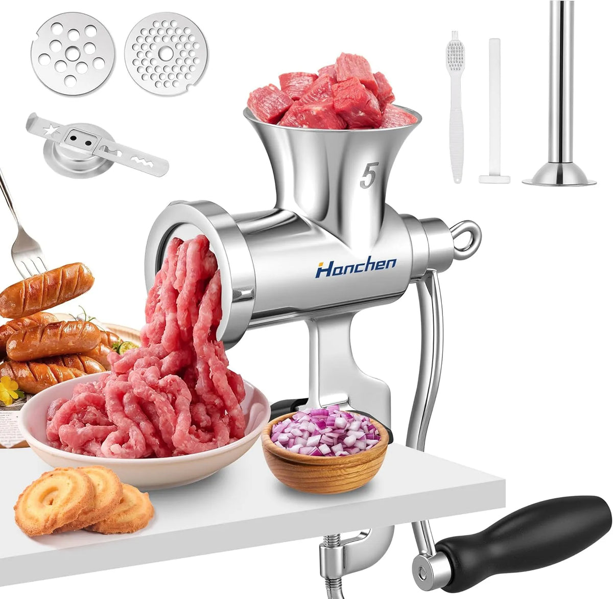 À viande manuel en acier inoxydable N° 5 Hanchen Hachoir, Avec plaques de coupe de 8 mm et 4,5 mm, Hachoir à viande avec remplissage à saucisses