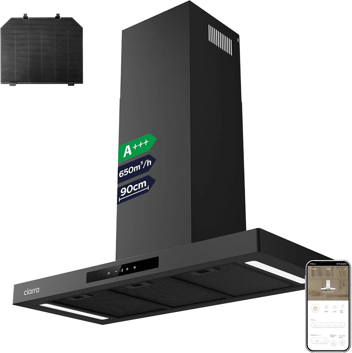 CIARRA hotte aspirante CBCB9102-P, 4 niveaux de vitesse et Boost, 90cm Silencieuse A+++ 650m³, 650m³/h, Commande Tactile et Wi-Fi