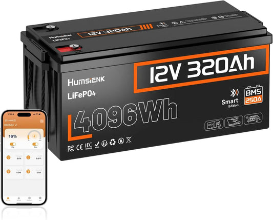 Modèle Batterie Lithium 320Ah avec BMS 250A LiFePO4 15000 Humsienk Bluetooth, 4096Wh Energie, Cycles à Décharge Profonde, Bateau, Stockage Maison