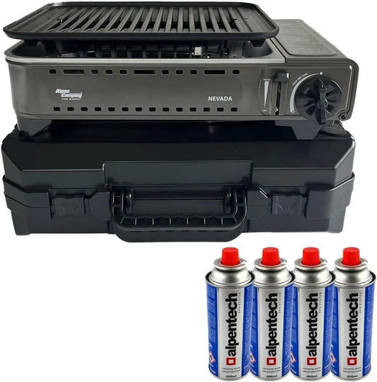 Barbecue à gaz Alpen Camping, Nevada 1780W + 4 Cartouches Butane, Allumage Piezo, Grille avec Évacuation des Graisses et Mallette de Transport