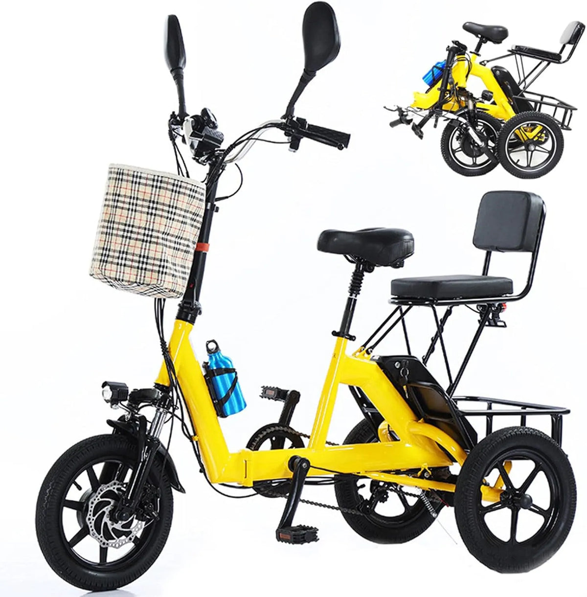 Tricycle électrique, Charge Maximale: 180 Kg Yellow, Vélo électrique Portable Avec Siège Passager Et Grand Panier, pour Trajets Quotidiens