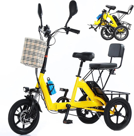 Tricycle électrique, Charge Maximale: 180 Kg Yellow, Vélo électrique Portable Avec Siège Passager Et Grand Panier, pour Trajets Quotidiens