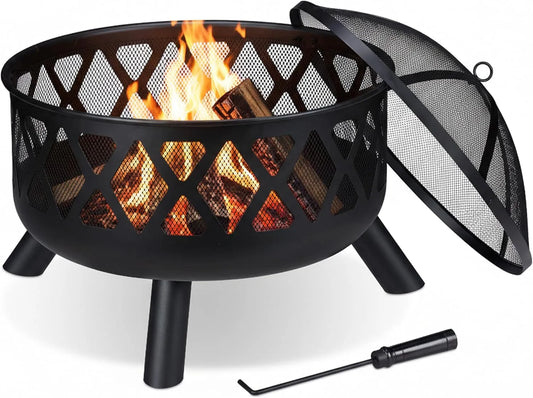 De Jardin relaxdays Brasero, avec Protection étincelles, terrasse, finition noire, Ø 62 cm, Acier, tisonnier Inclus, bac à feu