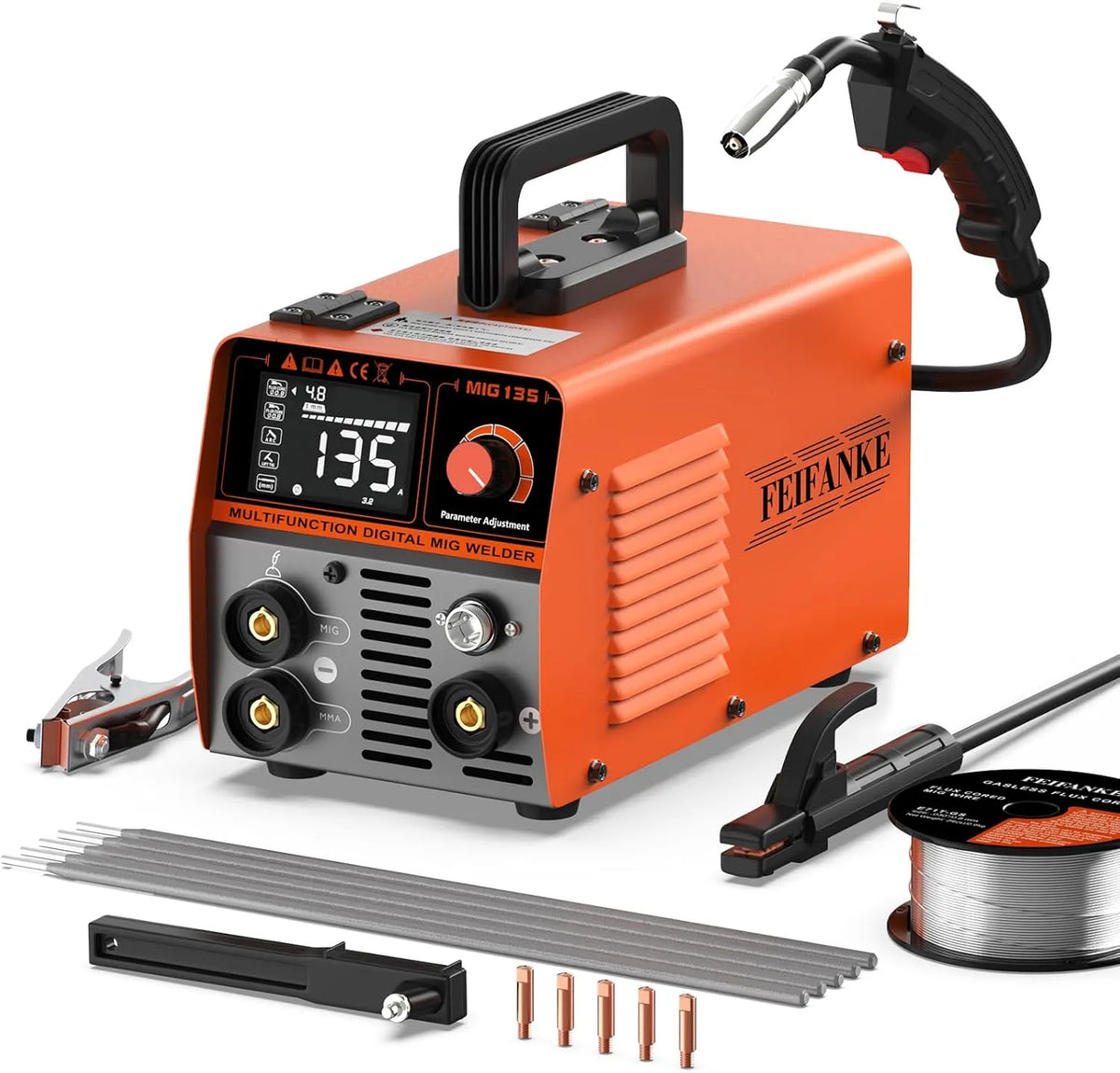 Poste à souder MIG135, ARC, Pistolet Soudage MIG, Poste A Souder Fil Fourré Sans Gaz 135A 220V Synergie Des électrodes 3 en 1 MIG