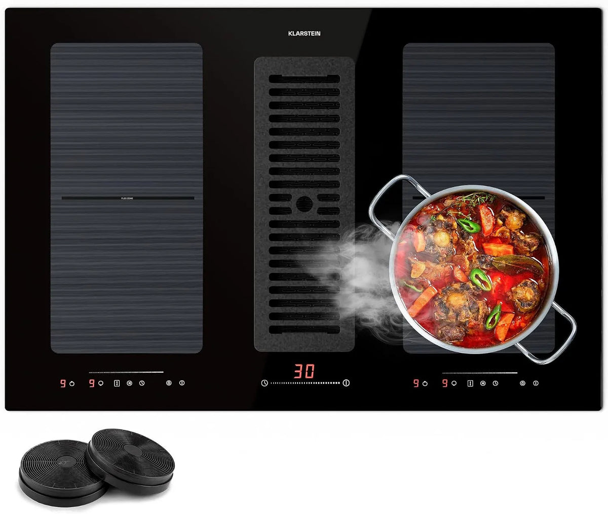 Klarstein plaque de cuisson, Table de Cuisson à 4 Anneaux avec Flex Zone, Commande Tactile, 391m³/h, Classe Energétique A