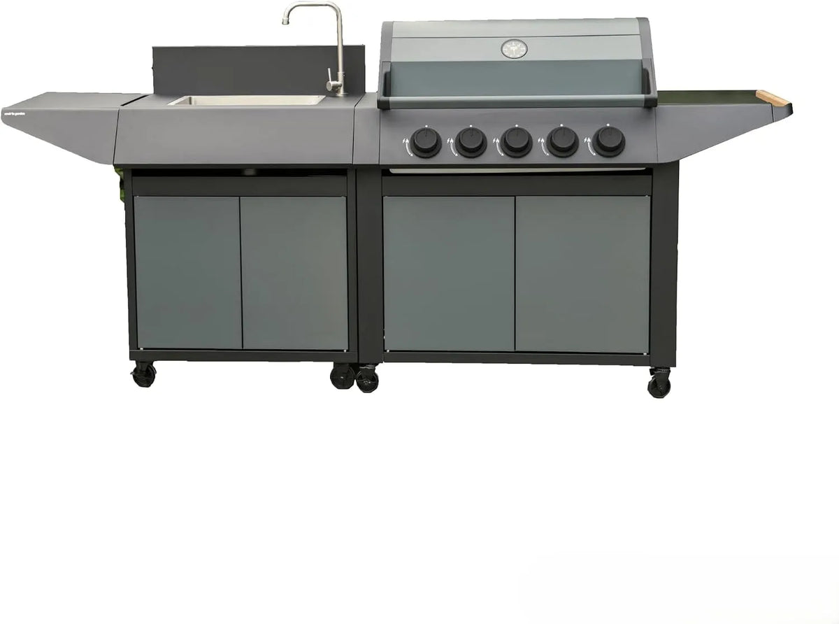 Barbecue, 5 brûleurs en inox, Cook'in Garden, Cuisine Extérieure Gaz BURN, avec Évier intégré, Robinet avec Sortie d'Eau