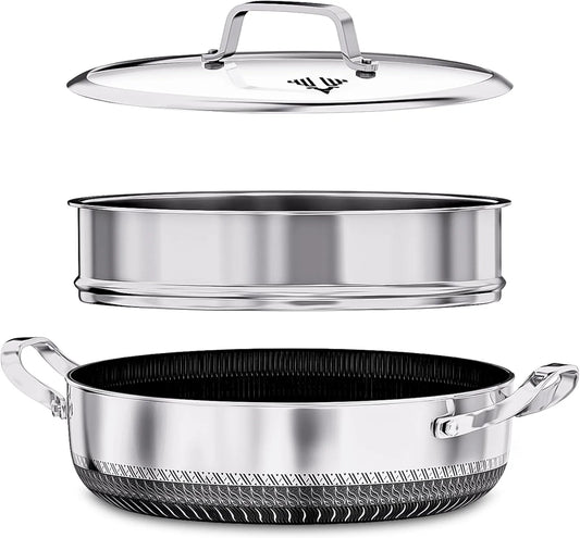 Four, INTIGNIS Faitout Hybride 30cm 5,5L en Acier Inoxydable, avec Cuit-Vapeur & Couvercle en Verre, Casserole Multifonction Antiadhésive Écologique