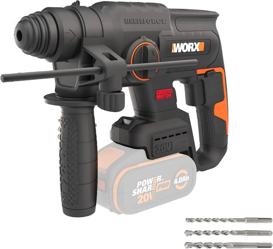 Worx Perforateur à fonctionnement sans fil Brushless 20V WX381.9, 3 en 1, Perçage, Percussion, Burinage dans tous les matériaux, antivibrations