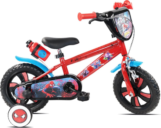 Vélo, 12' Spiderman de Marvel, 1 Frein, 2 Stabilisateurs, Disney, Pignon Fixe, Pneus Increvables EVA, Roues Bâtons, Plaque