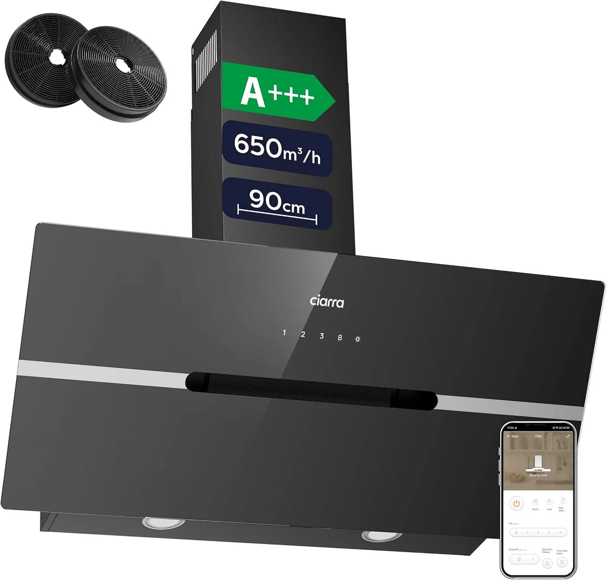 CIARRA hotte aspirante CBCB9736F, Inclinée 90 cm 650m³, WiFi & Commande Tactile- 3 niveaux de vitesse et Fonction Boost, 650m³/h