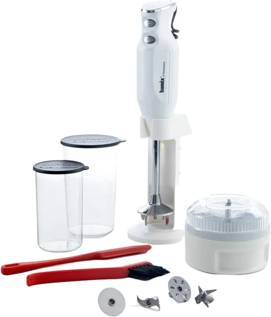 Mixeur M350 bamix Set, 2 récipients, plongeant MAXX avec support, Spatule, Fabriqué en Suisse, finition blanche, puissance 300 W, 4 accessoires