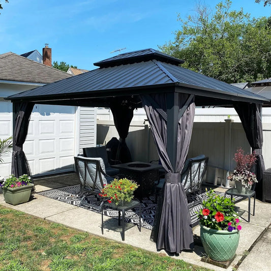 Barbecue, PURPLE LEAF Tonnelle de Jardin Exterieur 4,25 x 3,65 m, Pergola Aluminium à Double Toit Rigide en Acier Galvanisé, Fête, finition grise