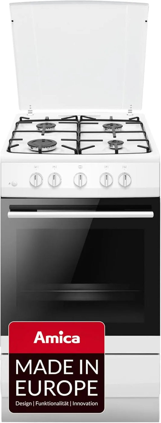 Amica cuisinière SHGG 11559 W, plaque de cuisson à gaz réglable au gaz naturel 20 m bar, combinée, capacité 58 l, convertible en gaz liquéfié 50 m bar