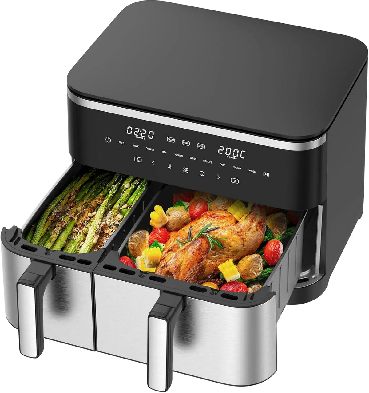 Friteuse à air chaud 4L+7L, 10 Programmes, 80–200°C, Écran Tactile LED, Air Fryer Dual Zone XXL 11L, puissance 2600W, Sync Finish & Dual Cook