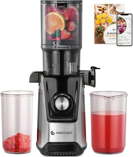 Extracteur de jus AMZCHEF, Pour Fruits et Légumes Entiers, Lent 118MM, puissance 180W, Pression à Froid Silencieux, Facile à Nettoyer