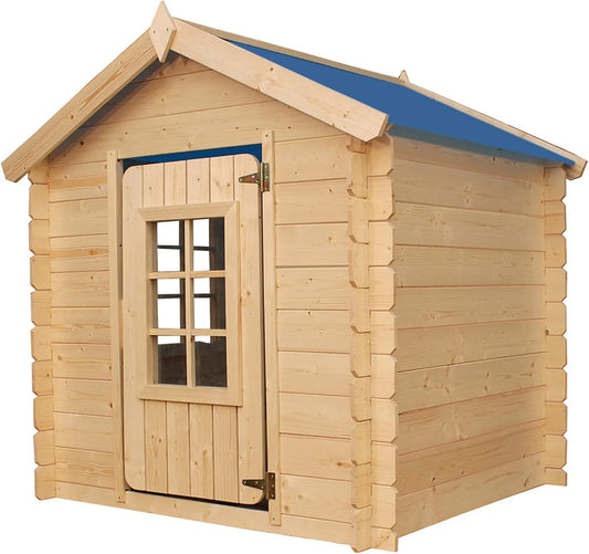 Modèle Maison en Bois pour Enfants avec Toit Bleu M570M-1 111x113xH121 TIMBELA, 0.9 m², Maison de Jeux Extérieure cm, Maison d'Été Jardin