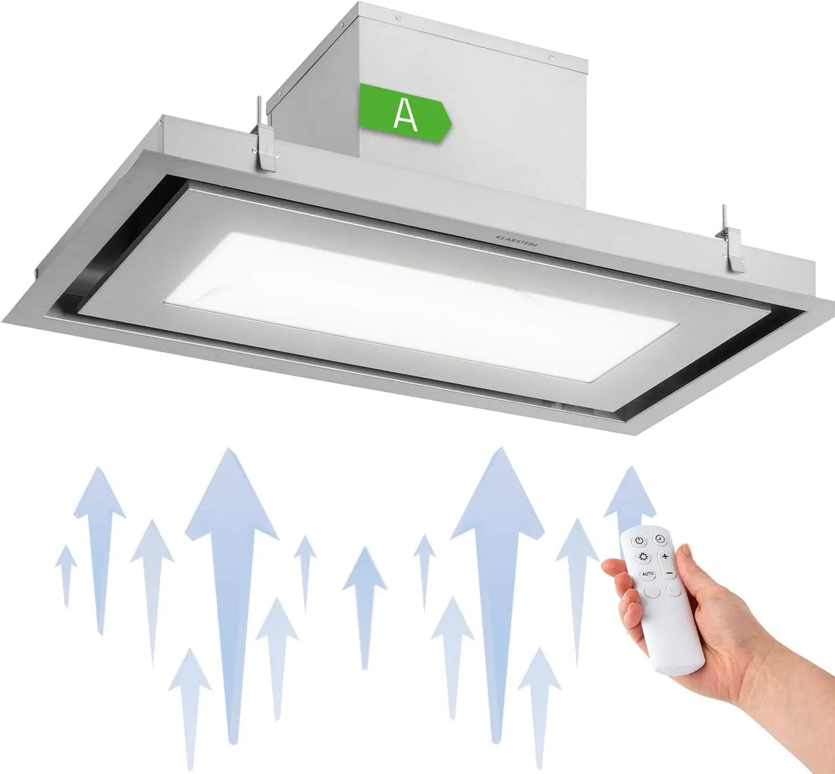 Klarstein Remy Brilliant Edition 6500, largeur 90 cm, 618 m³/h, filtre à graisse, finition argentée, puissance 230 W, Hotte îlot, télécommande