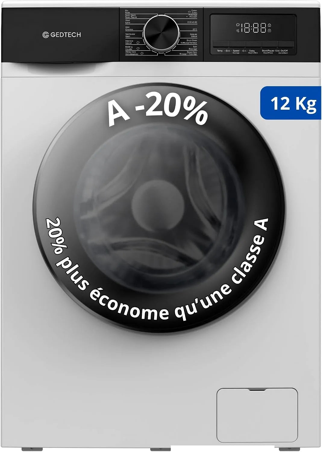 Lave-linge GLL121400WH A-20, 16 programmes, frontal GEDTECH, Eco, Rapide, Classe %, poids 12 Kg, 1400 tr, mn