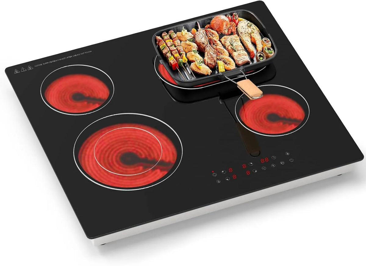 Table de cuisson, Minuterie 99 min, 4 Foyers Verre finition noire avec Commandes Tactiles, Arrêt Automatique, Vitrocéramique, Verrouillage Enfants