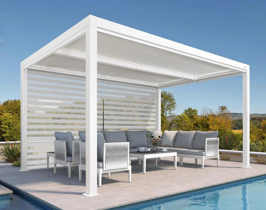Pergola Bioclimatique 4,24 x 3 m Pergola Aluminium, 1 Côté Long, finition blanche
