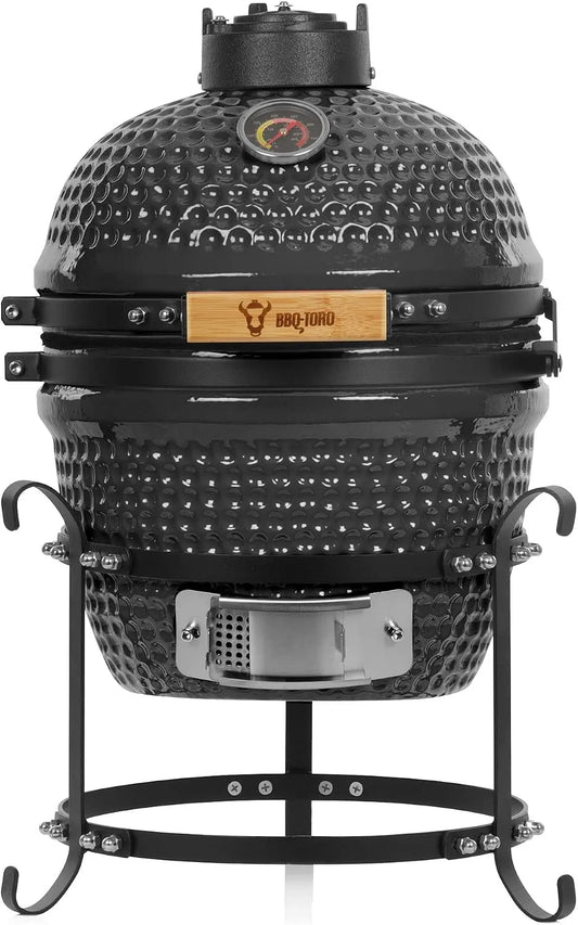 Barbecue BBQ-Toro Kamado Haiiro, au charbon de bois Ø 32 cm avec thermomètre, poignée en bois, Kamado en céramique, finition grise