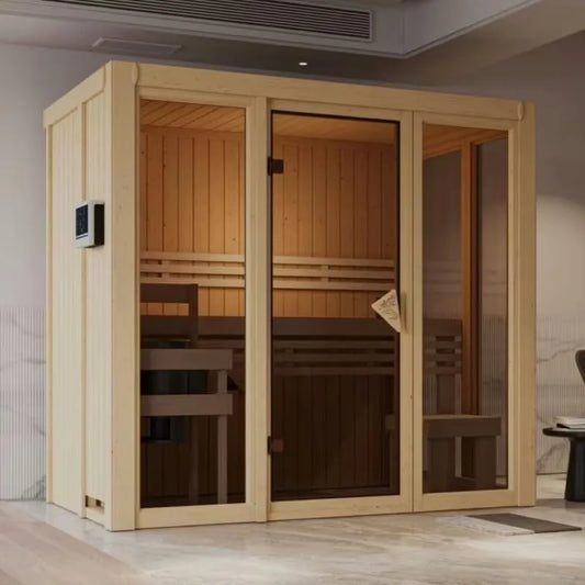 D'Intérieur Traditionnel Irava Karibu Sauna, 2-3 Places, Poêle 3,6kW, Épicéa Nordique 68mm, Dimensions 122x216cm, Porte Vitrée, Bancs de Tremble