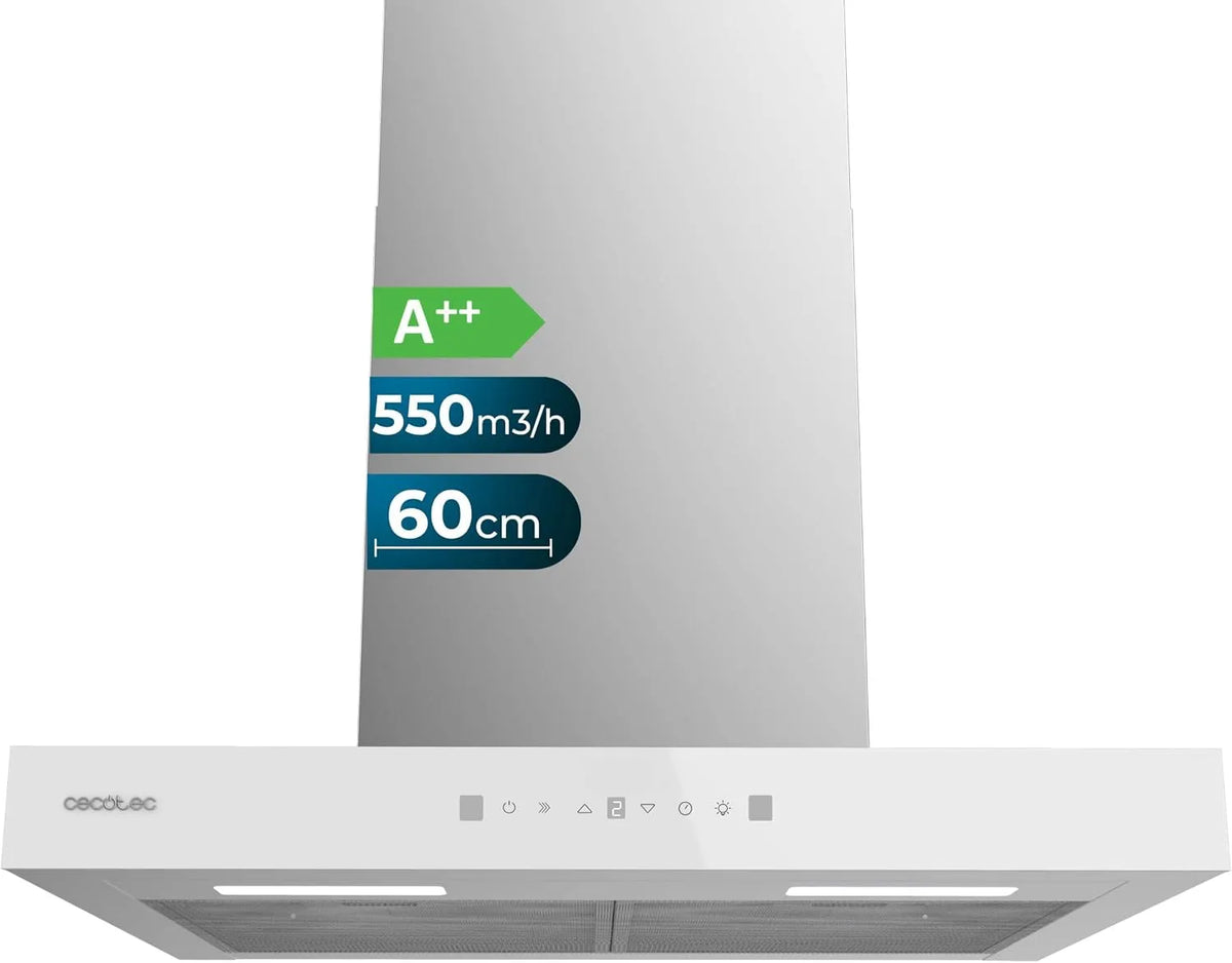 Cecotec hotte aspirante 605500, 550m3/h, Aspiration 550m3, Filtre à Charbon, Commande Tactile, Flux TT Glass White A++. 60 cm, puissance 70W